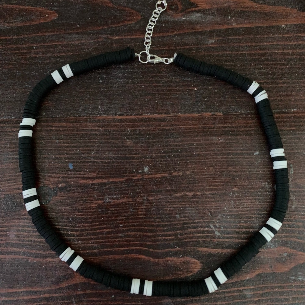 Handmade Black and White Clay Bead Necklace